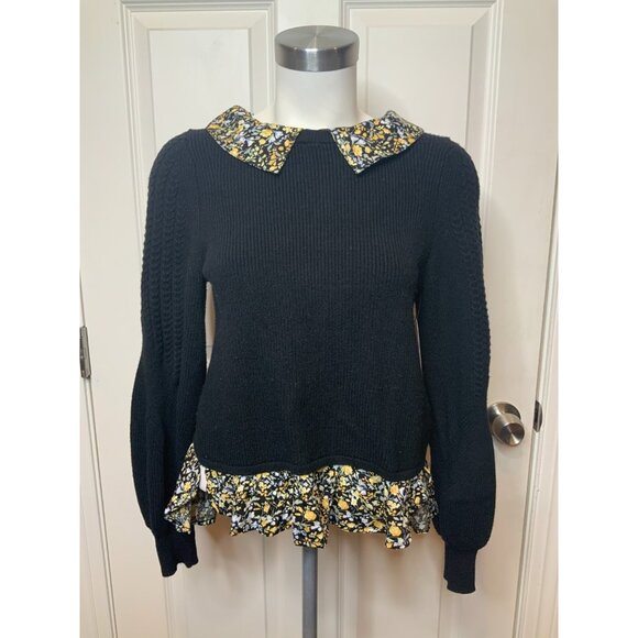 Maeve Anthropologie Black Cable Knit Floral Collar Twofer Sweater, Size XS - Picture 2 of 11